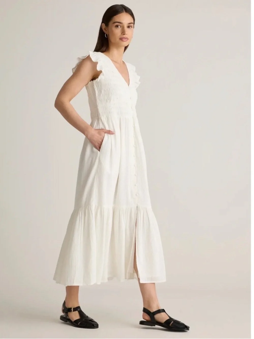 Quince Organic Textured Cotton Smocked V-Neck Midi Dress White XS